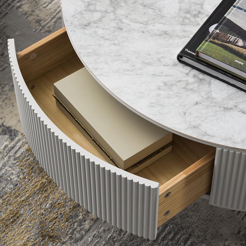 Modern Gray Round End Table with Sintered Stone Top and Black Iron Legs window image