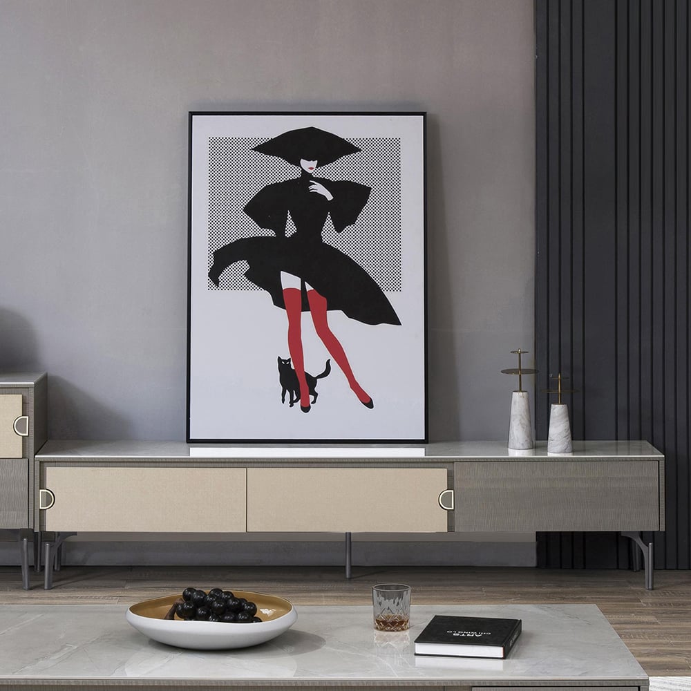 Modern Gray TV Stand with Sintered Stone Top & Drawers for 85 inch TVs window image