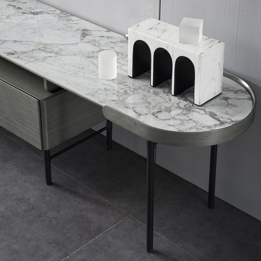 Modern Gray 3-Drawer Retracted & Extendable TV Stand Up to 95" window image