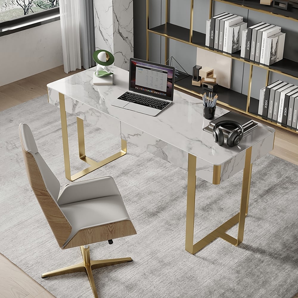 1200mm Glossy White Modern Office Study Writing Desk with Gold Sled Base window image