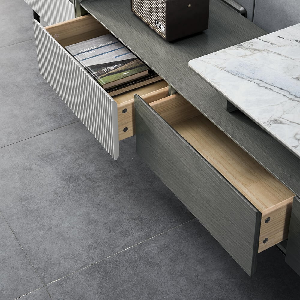 Modern Gray 3-Drawer Retracted & Extendable TV Stand Up to 95" window image