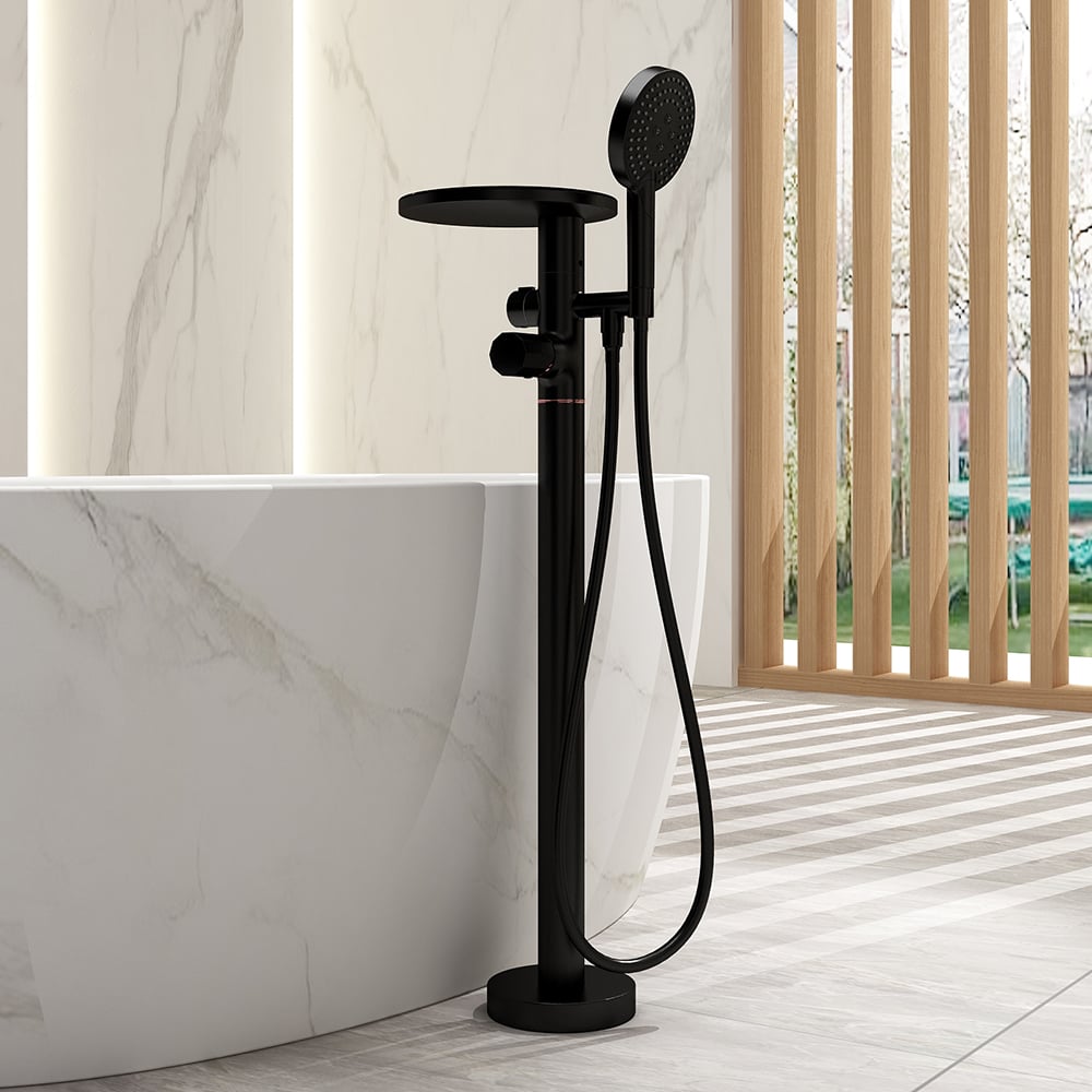Floor Mounted Tub Faucet with Handshower & Stone Top in Black window image