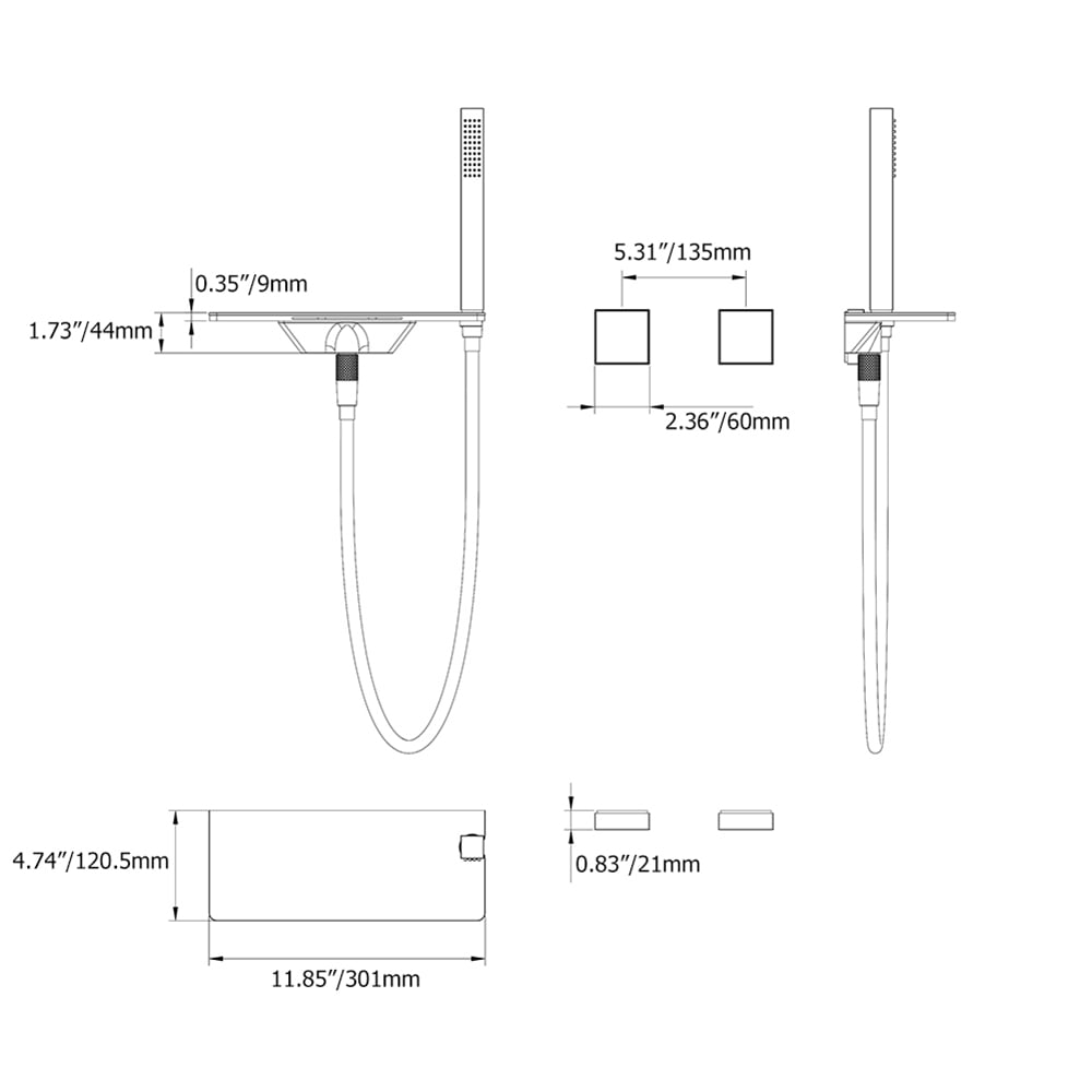 Wall Mounted Waterfall Bath Tap with Hand Shower Solid Brass in Black weights dimensions image