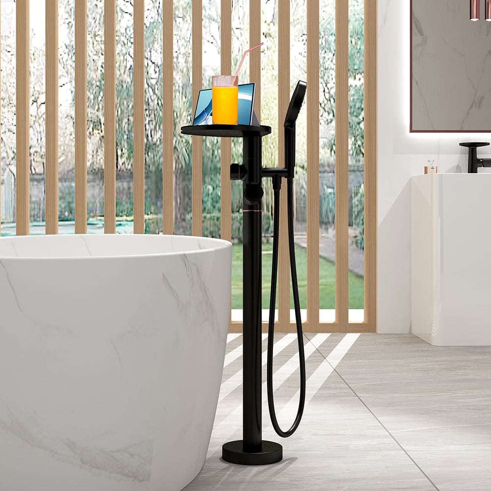 Floor Mounted Tub Faucet with Handshower & Stone Top in Black window image