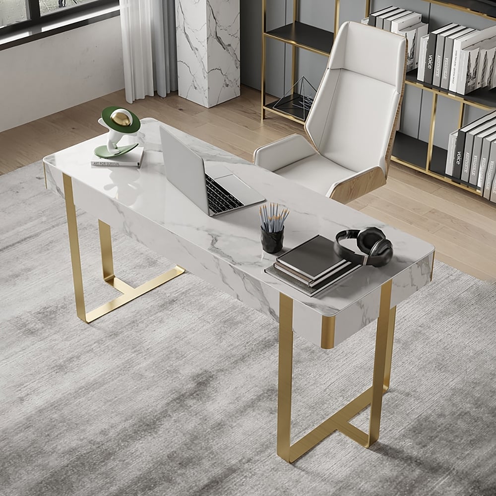 1200mm Glossy White Modern Office Study Writing Desk with Gold Sled Base window image