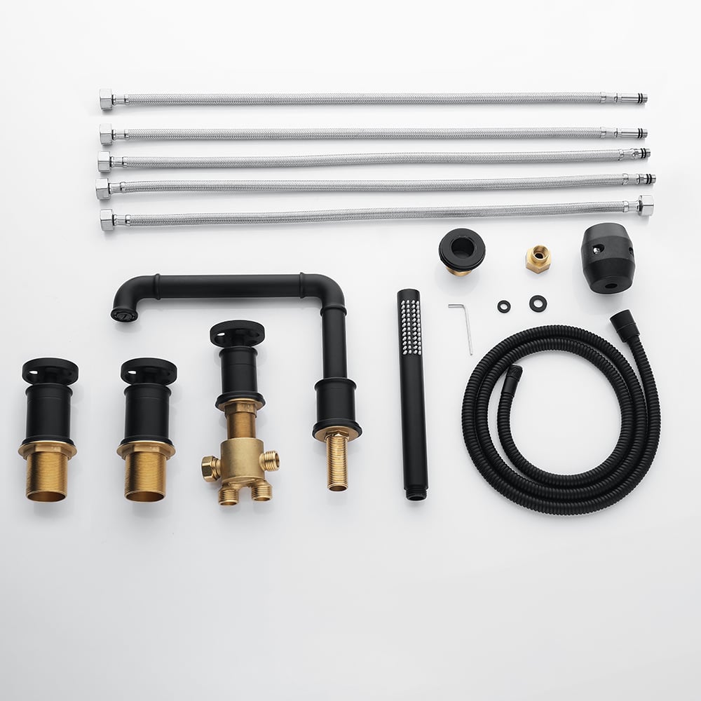 Industrial Deck Mounted Roman Bathtub Faucet with Handshower Solid Brass Matte Black window image