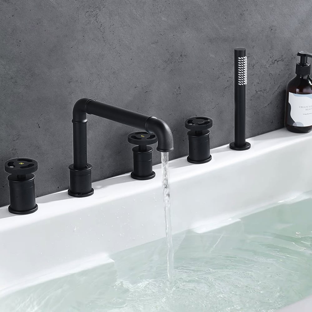 Industrial Deck Mounted Roman Bathtub Faucet with Handshower Solid Brass Matte Black window image
