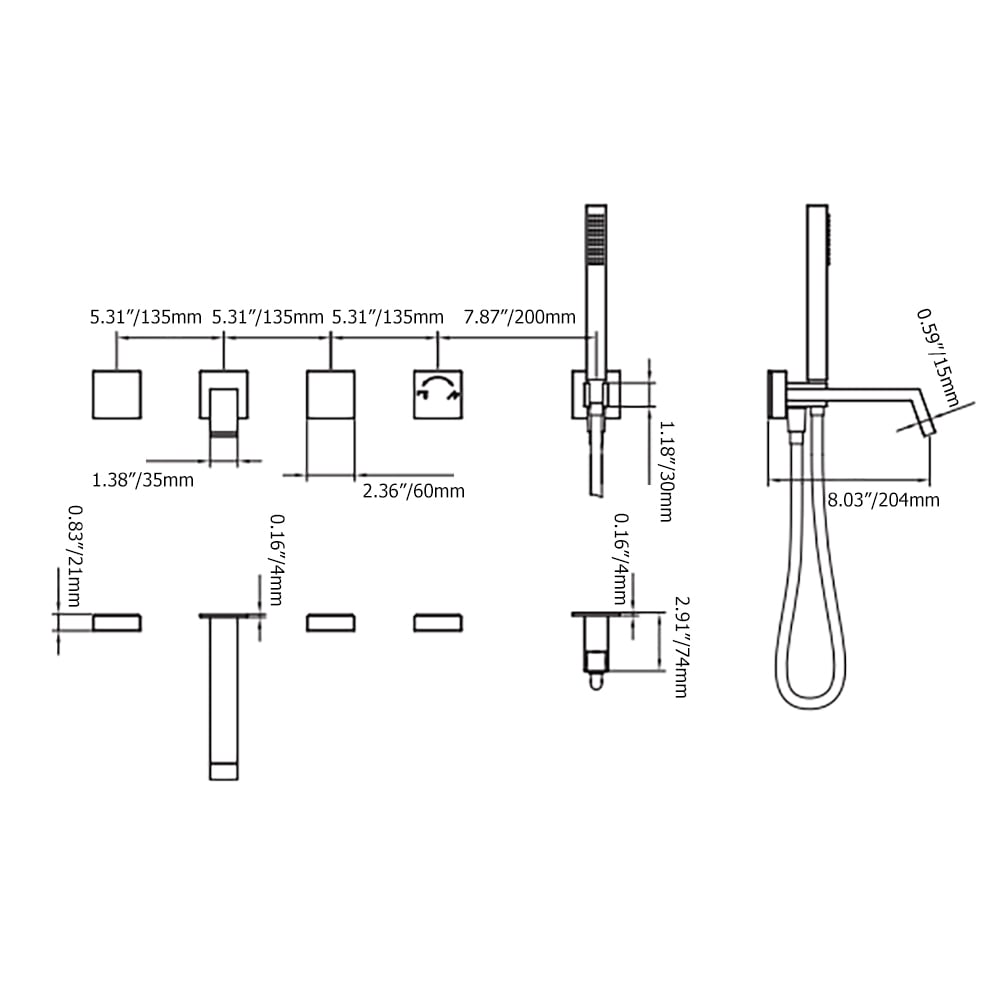 Wandgemonteerde badkraan met handdouche Massief messing in Gunmetal Grey Afbeelding met gewichten en afmetingen