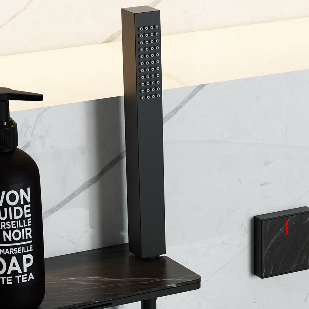 Wall Mounted Waterfall Bath Tap with Hand Shower Solid Brass in Black window image