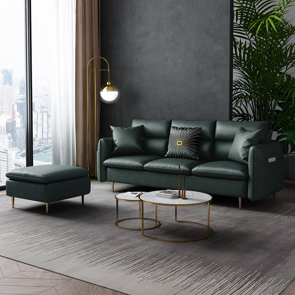 2 Pieces Contemporary Green Upholstered Sectional Sofa for 3 Seaters with Stool window image