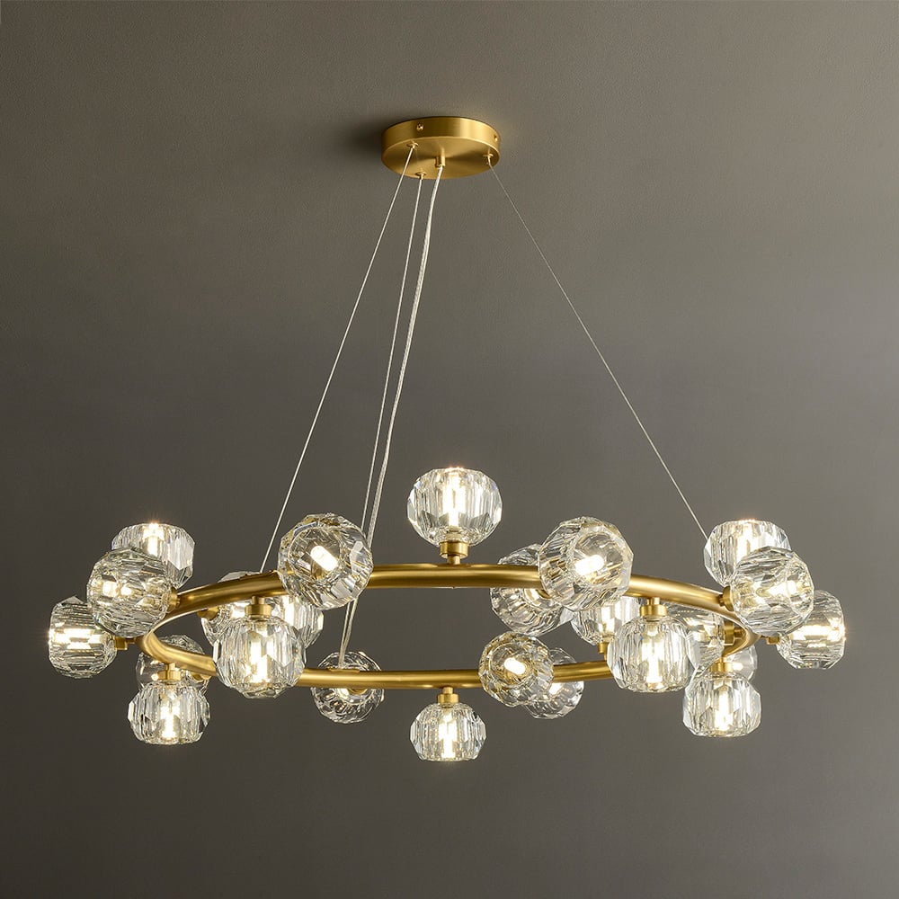 Modern 25-Light Round Brass Chandelier with Crystal Shade for Living Room window image