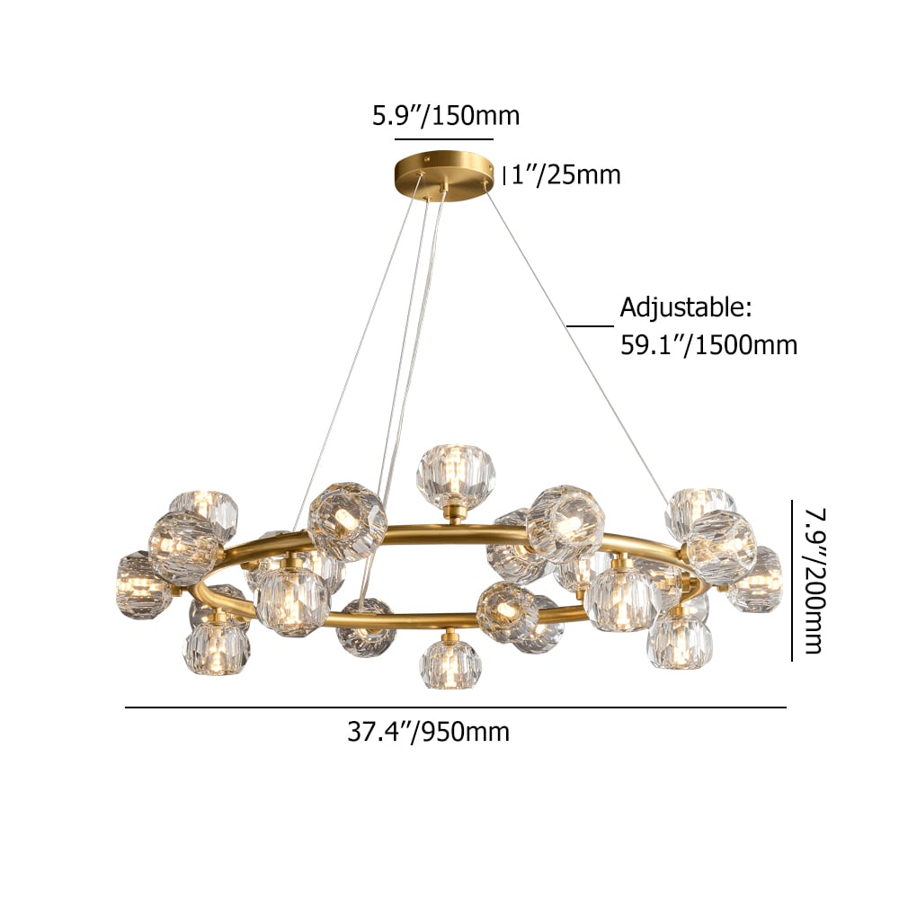 Modern 25-Light Round Brass Chandelier with Crystal Shade for Living Room weights dimensions image
