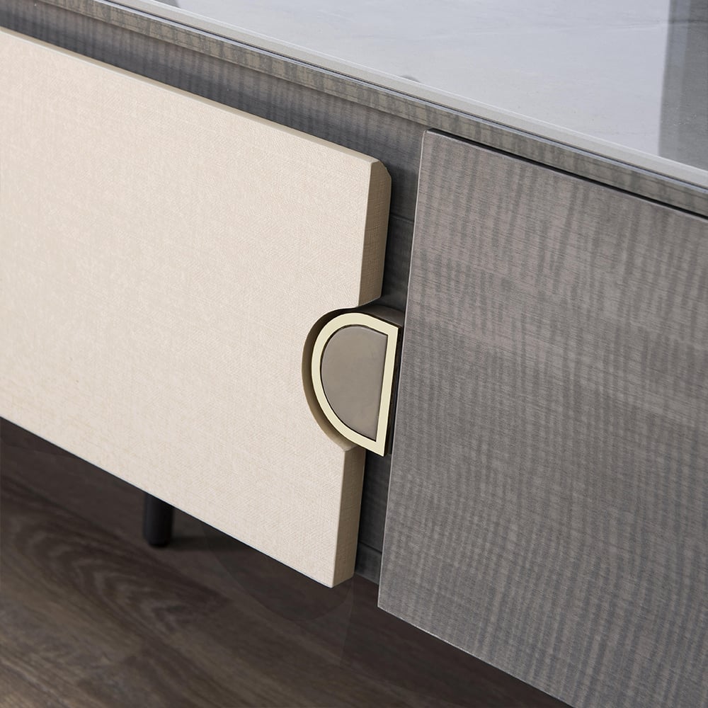 Modern Gray TV Stand with Sintered Stone Top & Drawers for 85 inch TVs window image