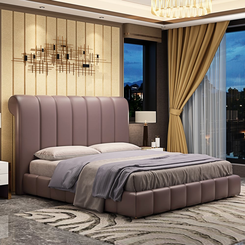 Luxury Microfiber Leather Upholstered Platform Bed in Purple window image