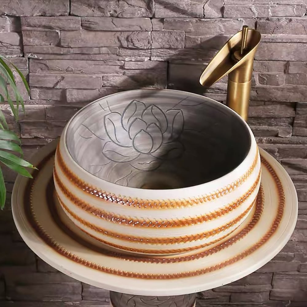 Orange & Grey Cylinder Pedestal Basin & Round Freestanding Basin window image