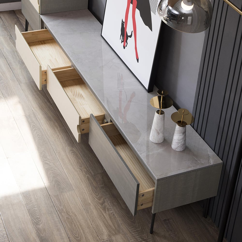 Modern Gray TV Stand with Sintered Stone Top & Drawers for 85 inch TVs window image