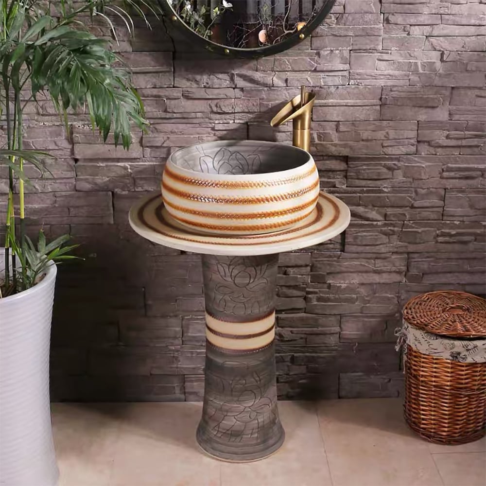 Orange & Grey Cylinder Pedestal Basin & Round Freestanding Basin window image