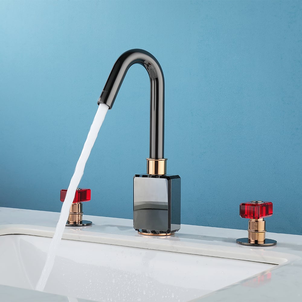 Gunmetal Badezimmer 3-Loch Waschtischarmatur Doppelglasgriff massives Messing Schaufensterbilder