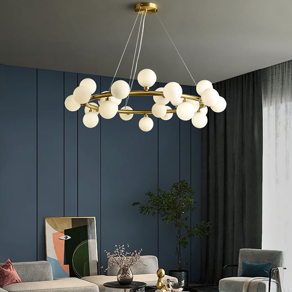 Modern Brass Round Chandelier 25-Light with Glass Shade for Living Room window image