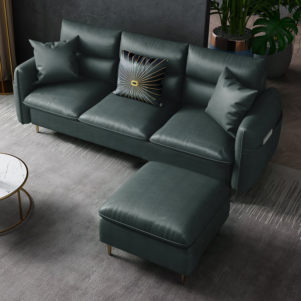 2 Pieces Contemporary Green Upholstered Sectional Sofa for 3 Seaters with Stool window image