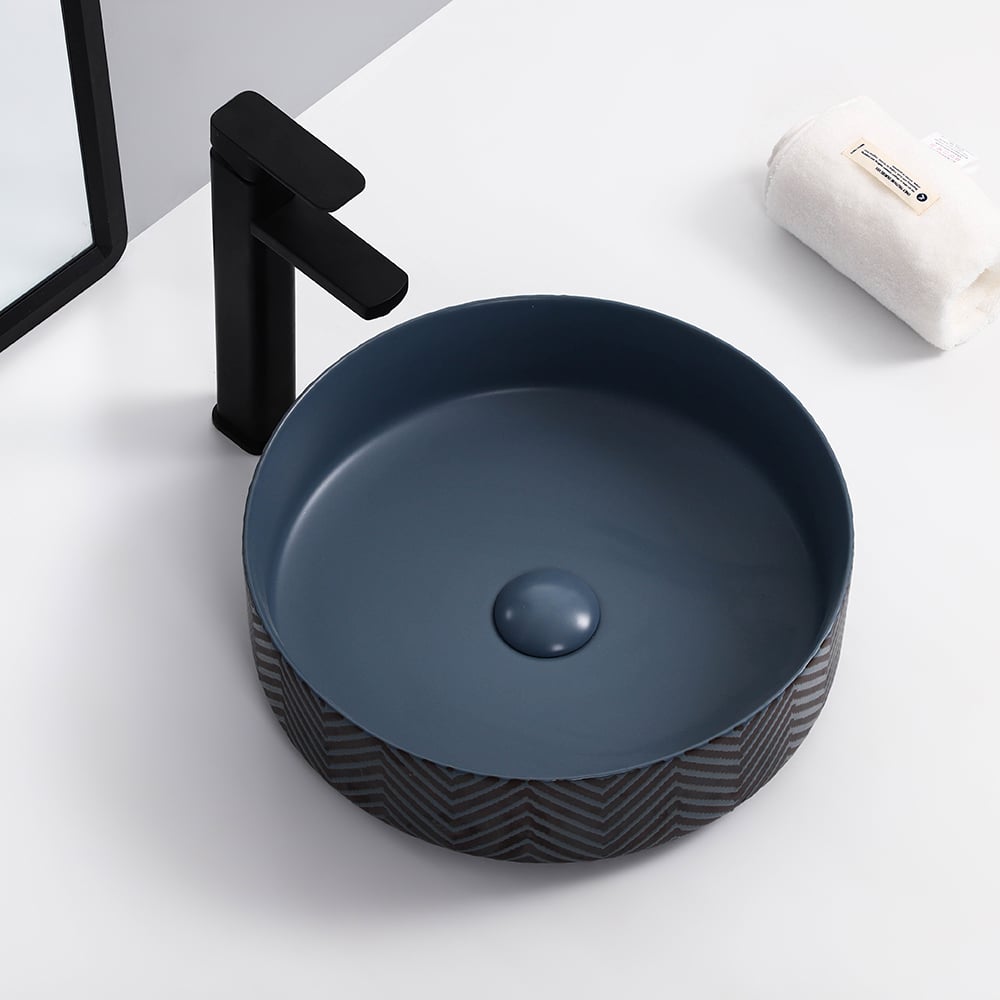 Modern Round Ceramic Sink Vessel Wash Sink in Black & Blue window image