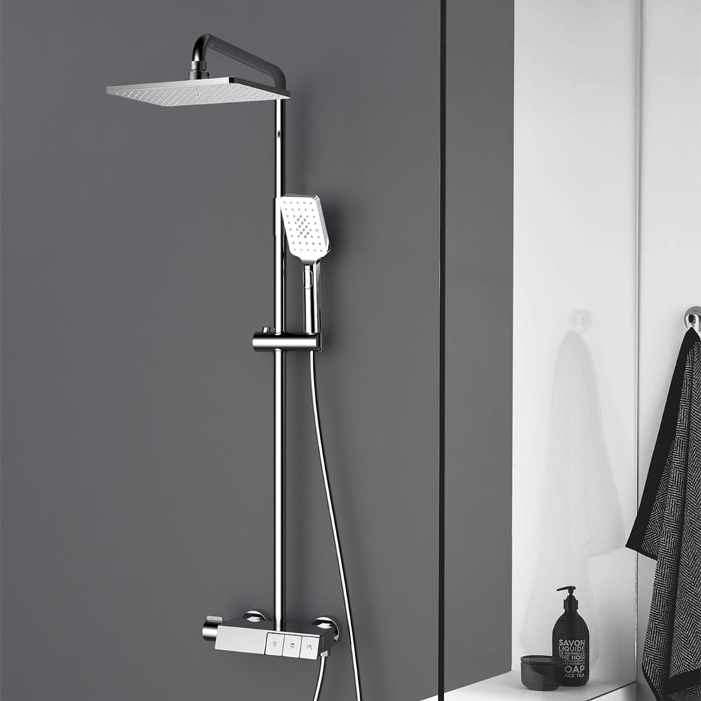 Exposed Shower System Thermostatic Rainfall Shower Head Polished Chrome with Hand Shower window image