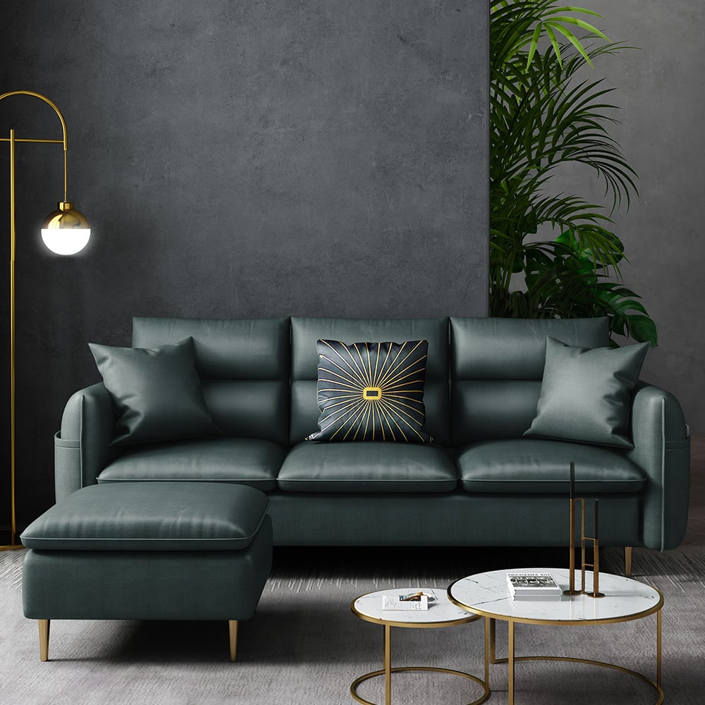 2 Pieces Contemporary Green Upholstered Sectional Sofa for 3 Seaters with Stool window image