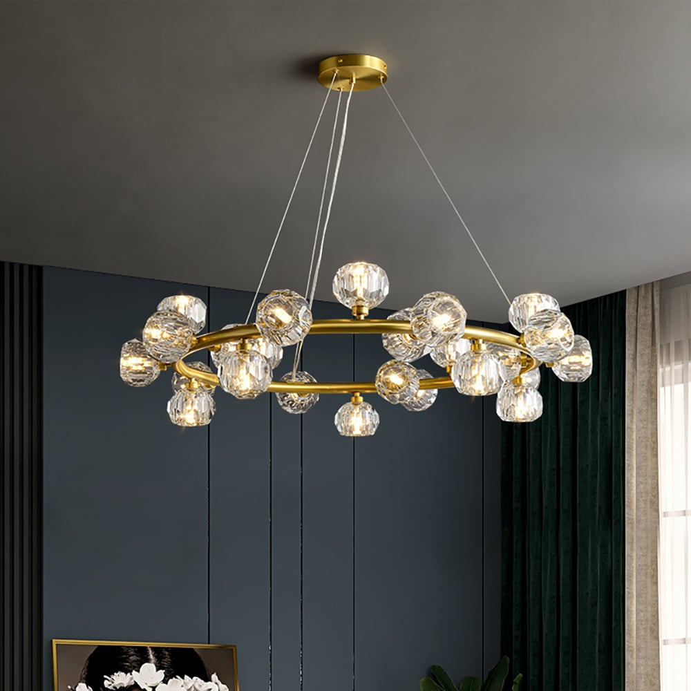 Modern 25-Light Round Brass Chandelier with Crystal Shade for Living Room window image