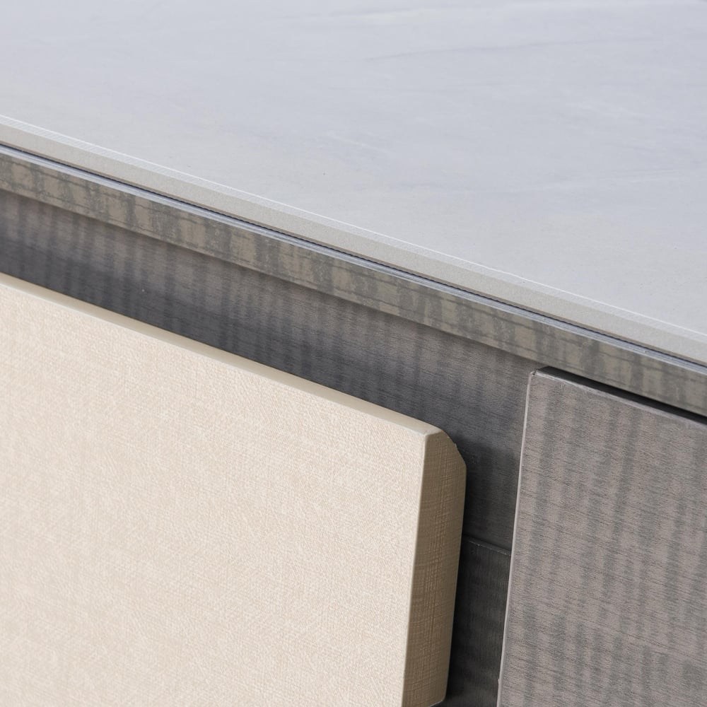 Modern Gray TV Stand with Sintered Stone Top & Drawers for 85 inch TVs window image