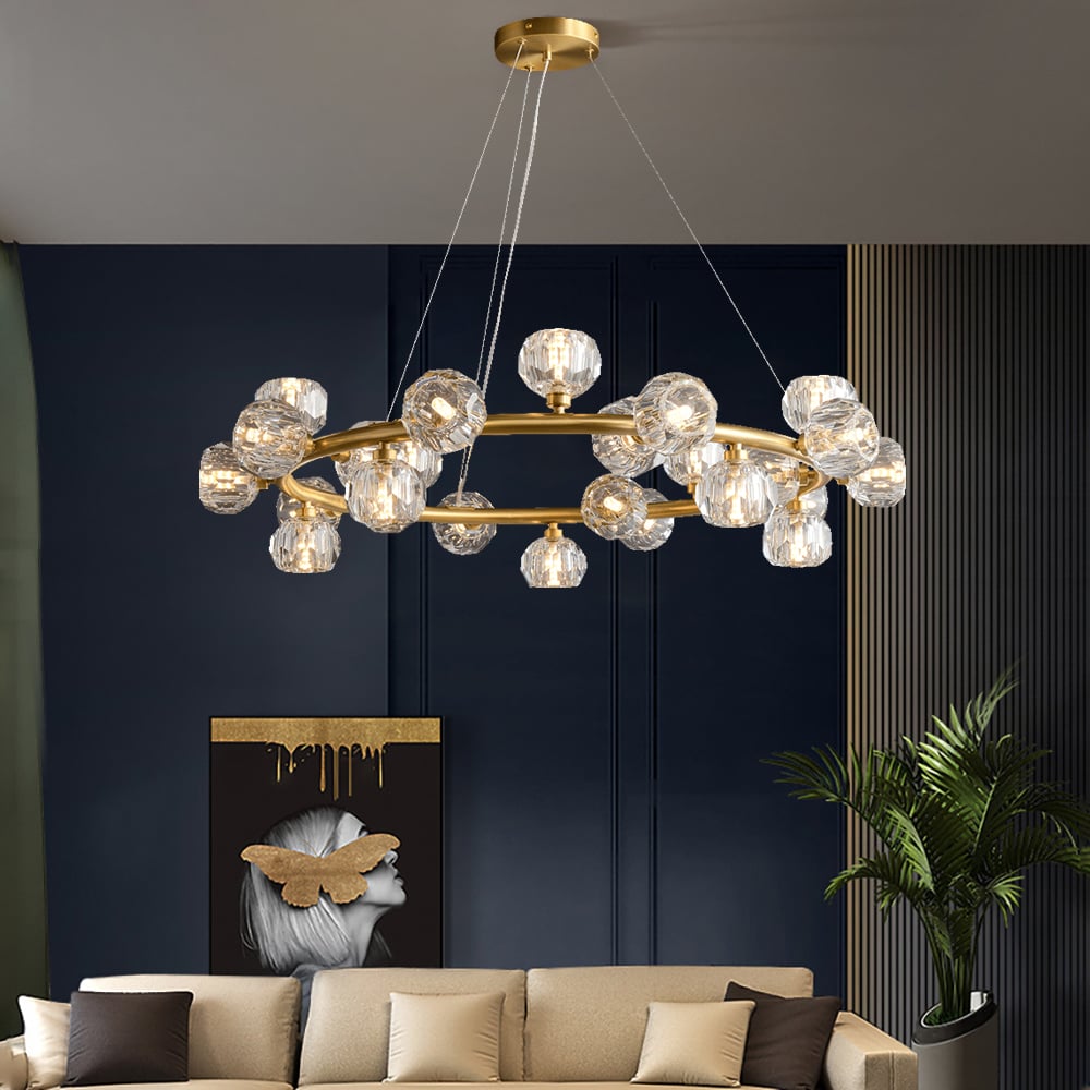 Modern 25-Light Round Brass Chandelier with Crystal Shade for Living Room window image