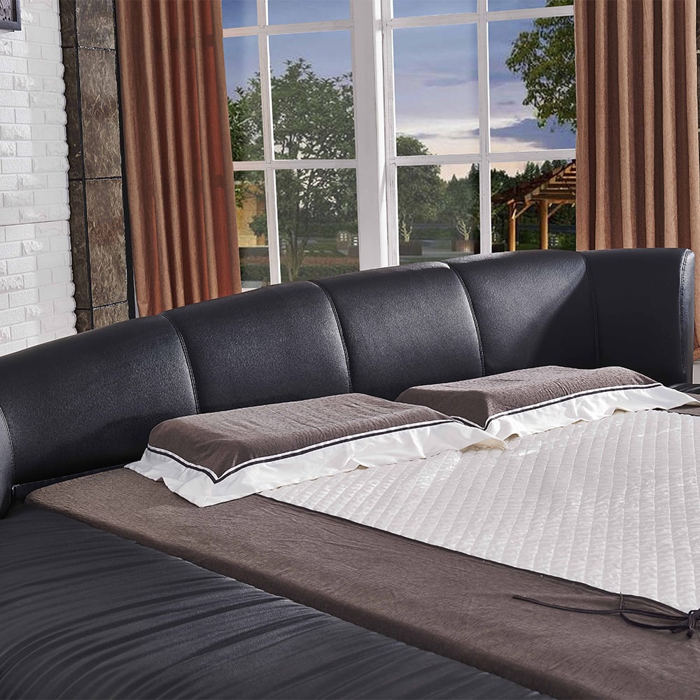 Black Faux Leather Round Platform Bed Solid Wood Bed Frame with LED Lighting window image