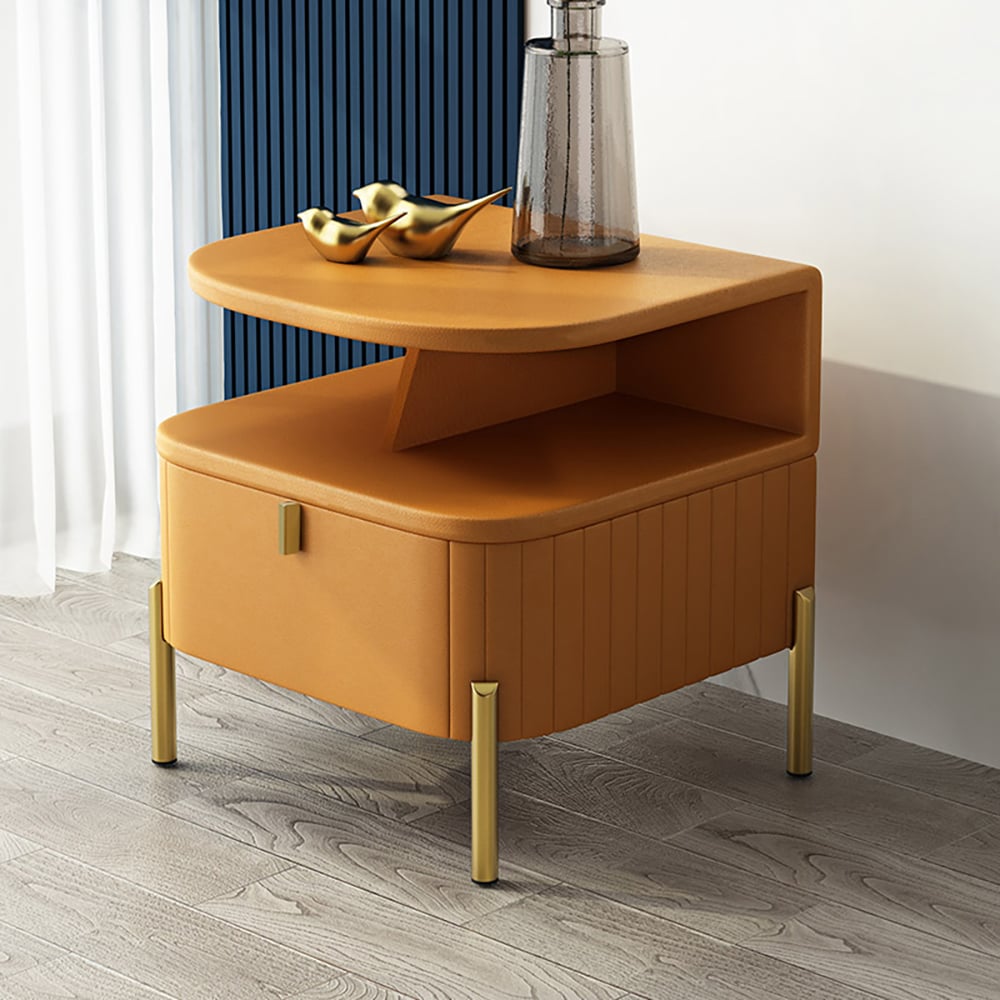 Chic Orange Faux Leather Nightstand Modern Bedside Table with Storage 1-Drawer window image