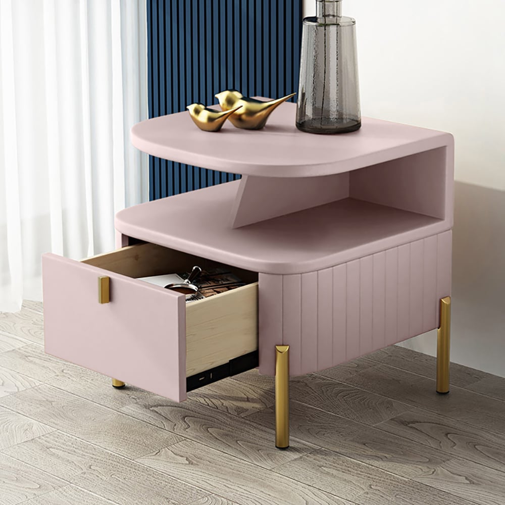 Table de chevet moderne en similicuir rose chic avec rangement 1 tiroir image de fenêtre
