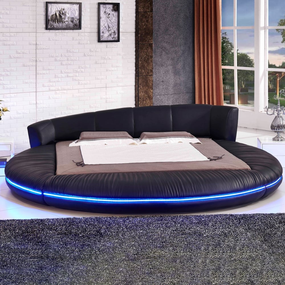 Black Faux Leather Round Platform Bed Solid Wood Bed Frame with LED Lighting window image