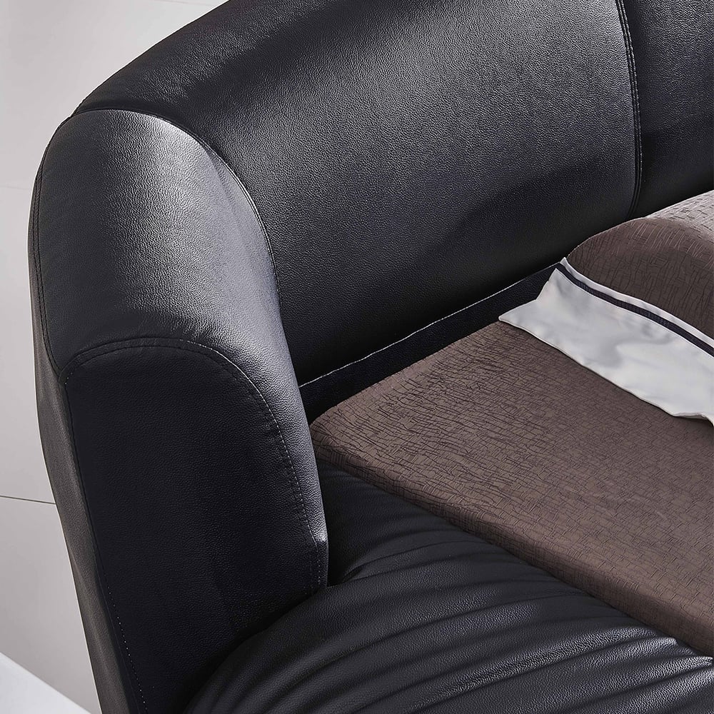 Black Faux Leather Round Platform Bed Solid Wood Bed Frame with LED Lighting window image