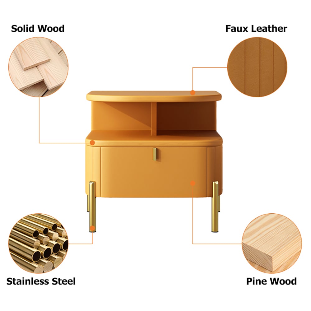 Chic Orange Faux Leather Nightstand Modern Bedside Table with Storage 1-Drawer window image