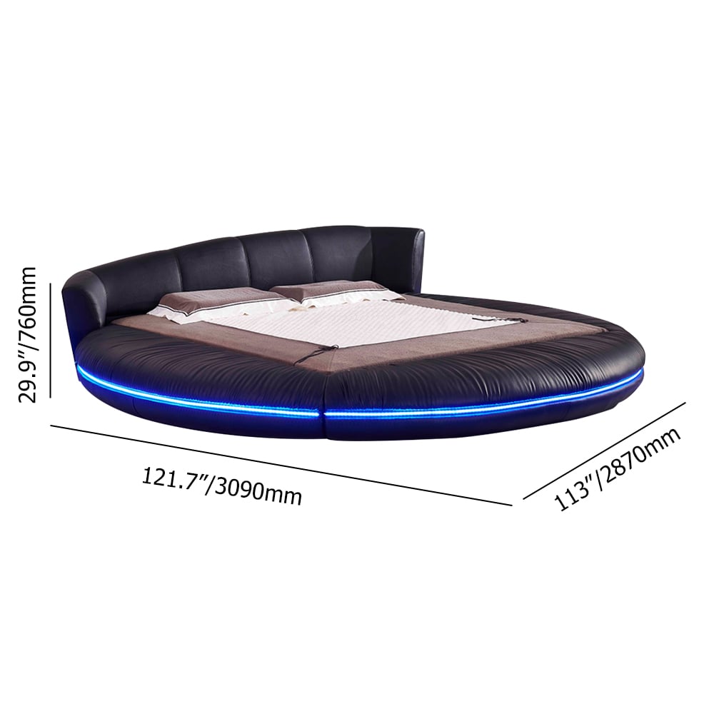 Black Faux Leather Round Platform Bed Solid Wood Bed Frame with LED Lighting weights dimensions image