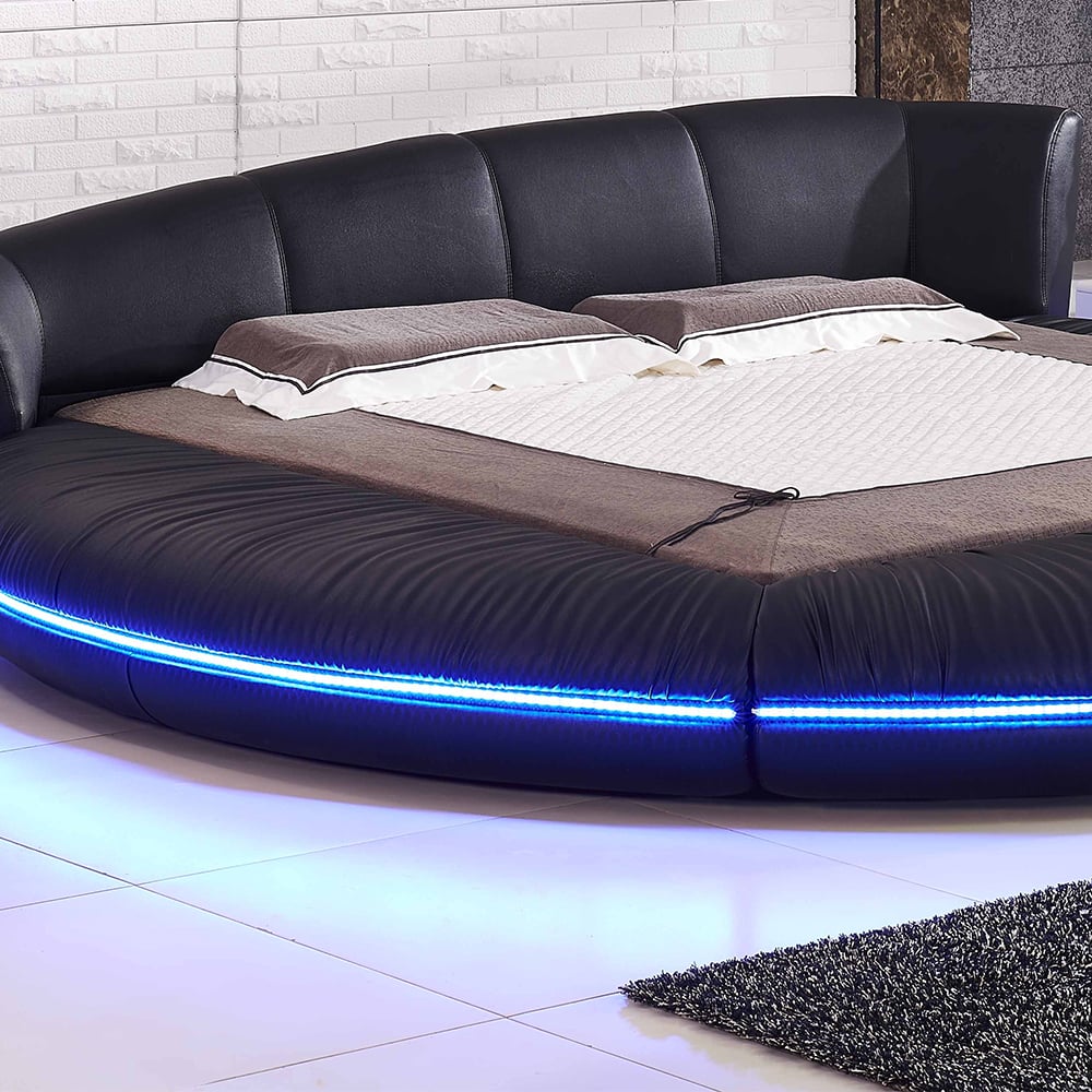 Black Faux Leather Round Platform Bed Solid Wood Bed Frame with LED Lighting window image