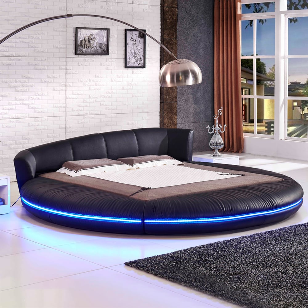 Black Faux Leather Round Platform Bed Solid Wood Bed Frame with LED Lighting window image