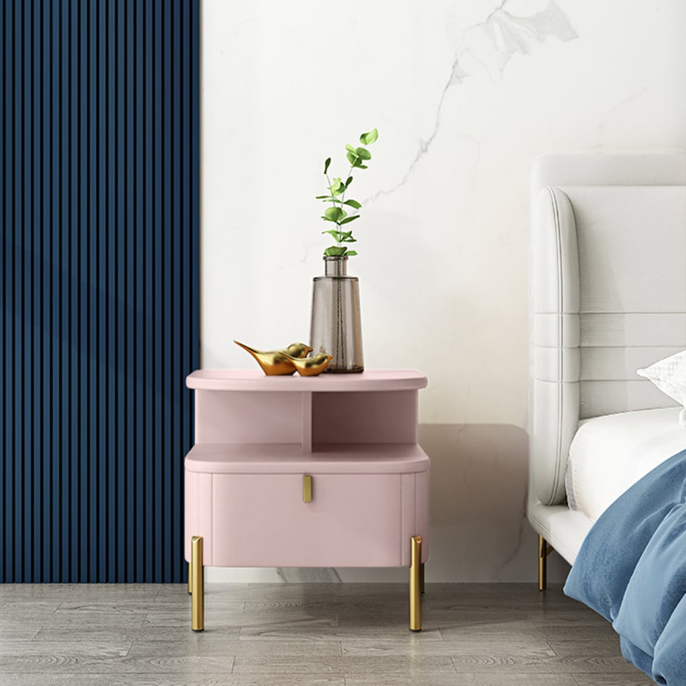 Table de chevet moderne en similicuir rose chic avec rangement 1 tiroir image de fenêtre