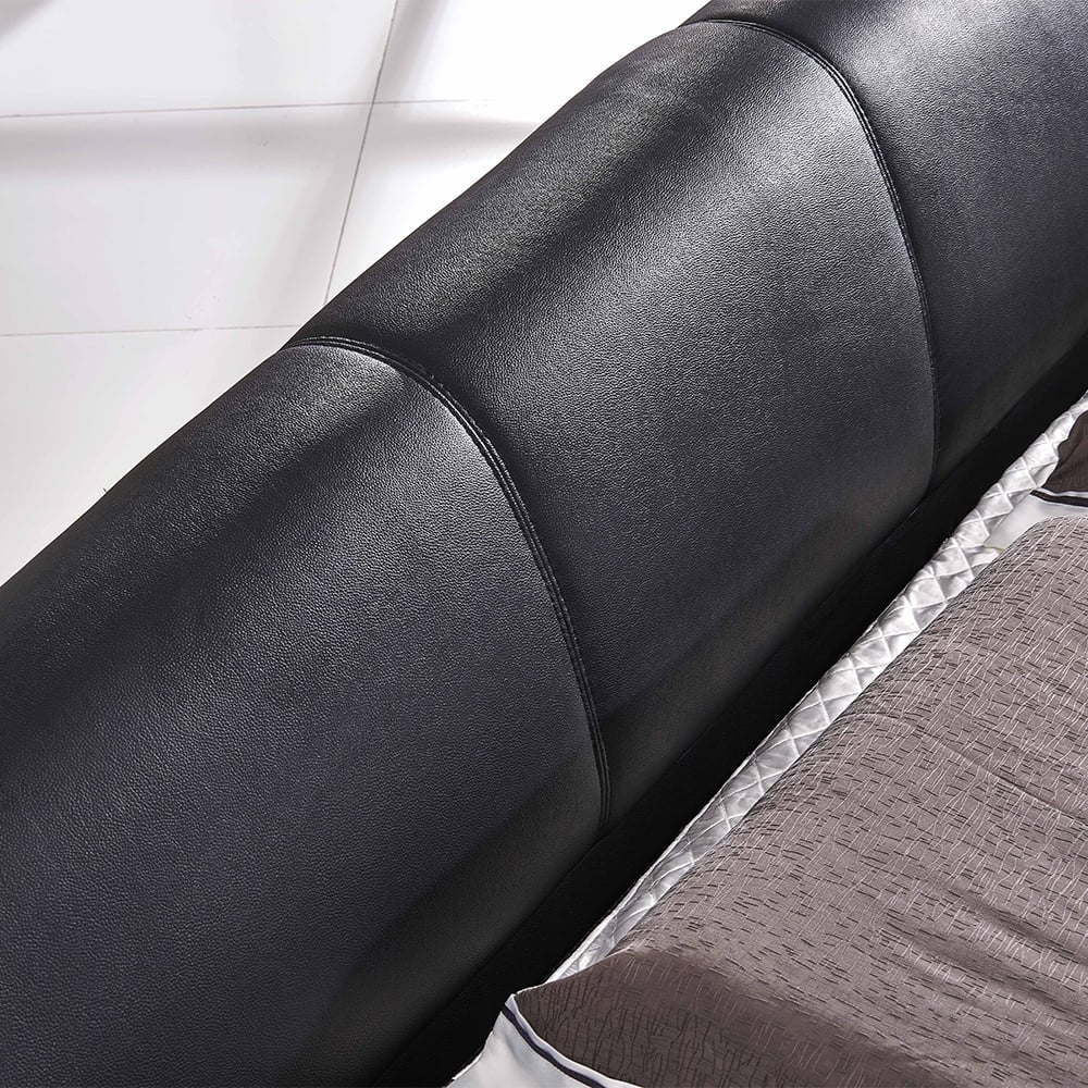 Black Faux Leather Round Platform Bed Solid Wood Bed Frame with LED Lighting window image