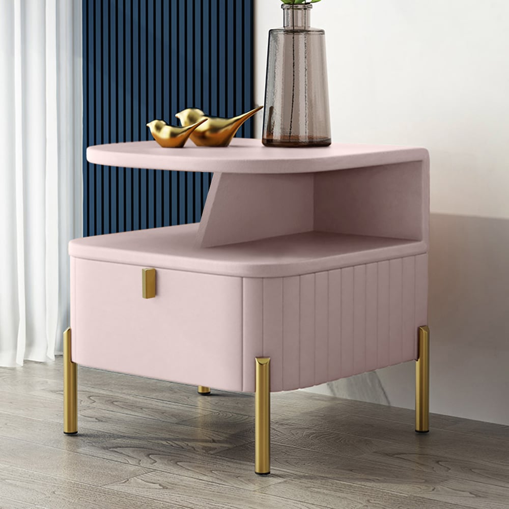 Table de chevet moderne en similicuir rose chic avec rangement 1 tiroir image de fenêtre