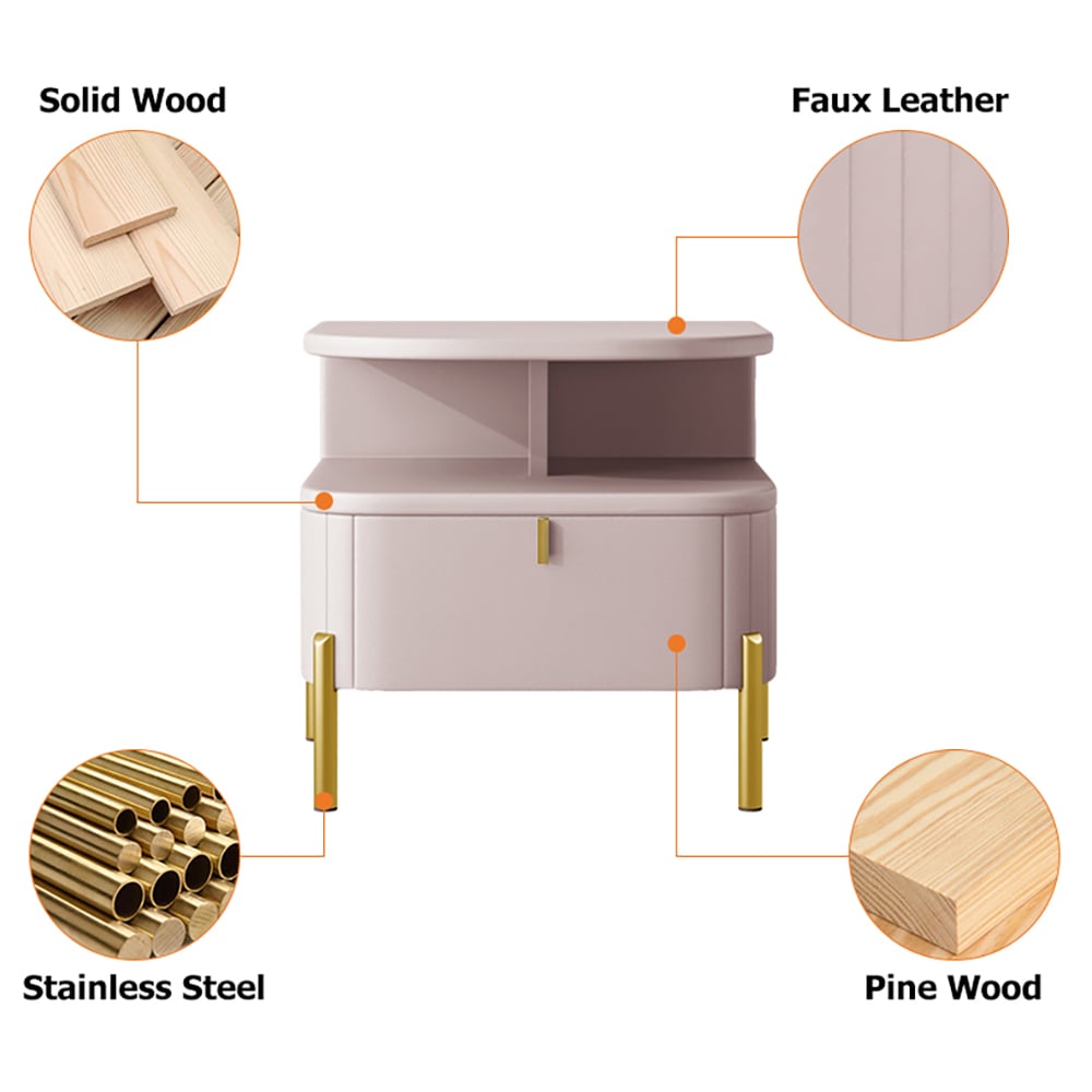 Table de chevet moderne en similicuir rose chic avec rangement 1 tiroir image de fenêtre