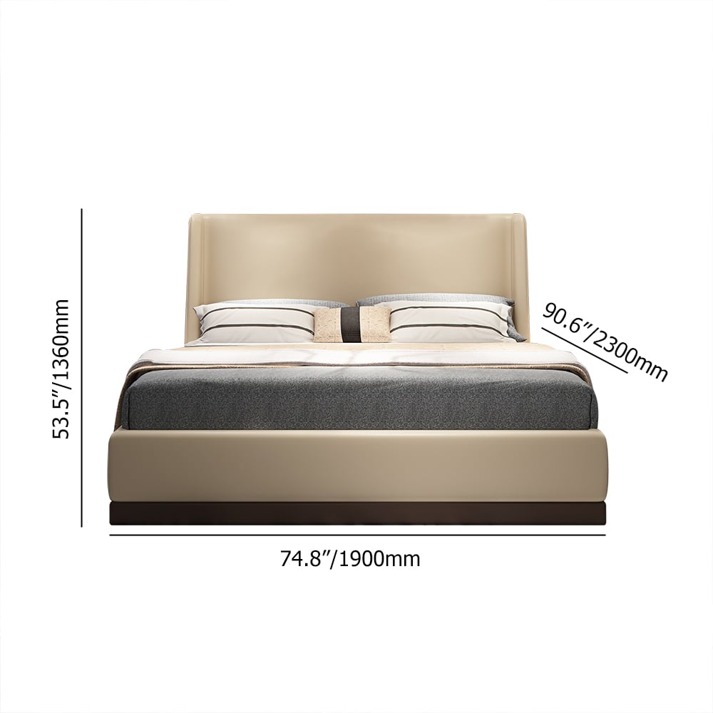 Lit rembourré moderne en cuir microfibre beige avec tête de lit à ailettes Poids, dimensions, image