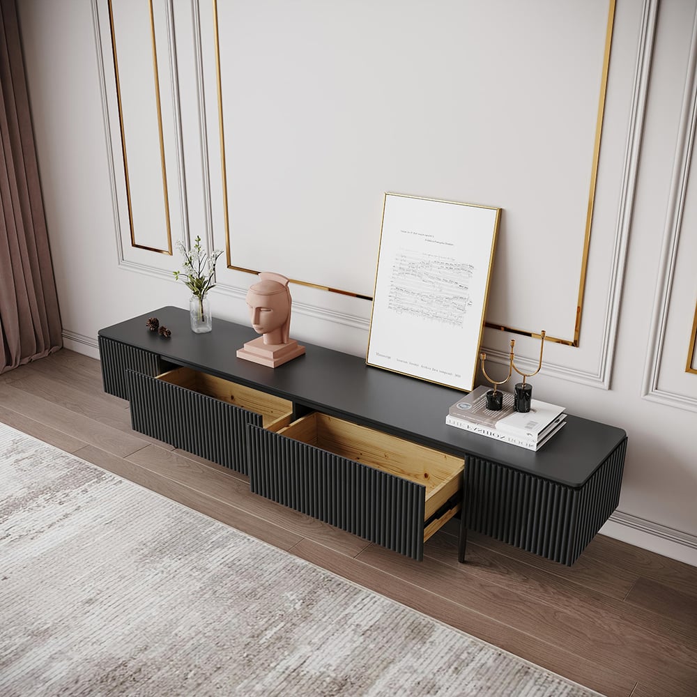 TV cabinet with ribbed front with 2 drawers of 200 cm in black color window image