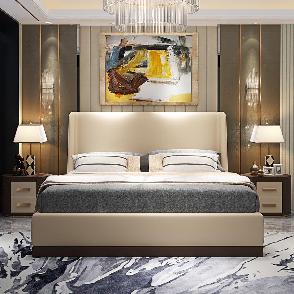 Lit rembourré moderne en cuir microfibre beige avec tête de lit à ailettes image de fenêtre