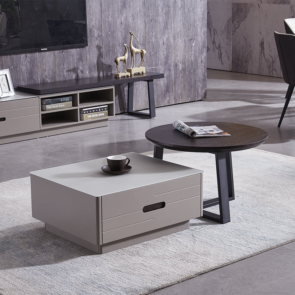 Modern Nesting Coffee Table Set  with Glass Top & Drawers in Black & Gray window image