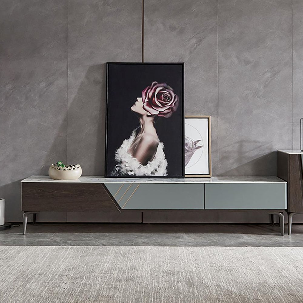 Modern Blue TV Stand with Sintered Stone Top & Drawers for 85 inch TVs window image