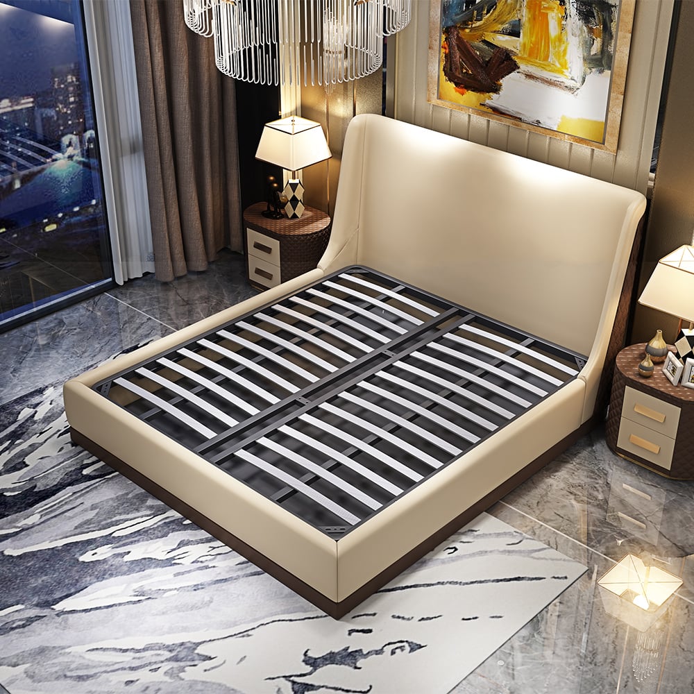 Lit rembourré moderne en cuir microfibre beige avec tête de lit à ailettes image de fenêtre