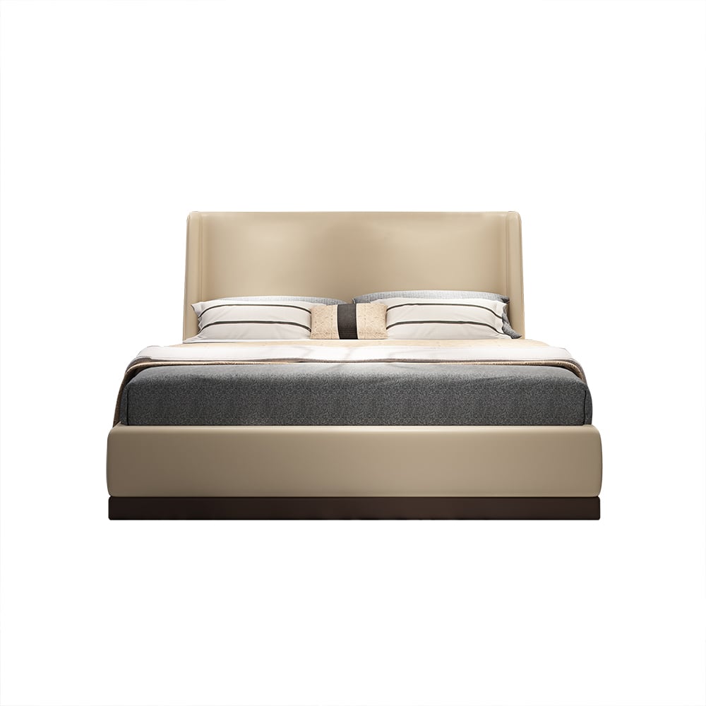 Lit rembourré moderne en cuir microfibre beige avec tête de lit à ailettes image de fenêtre